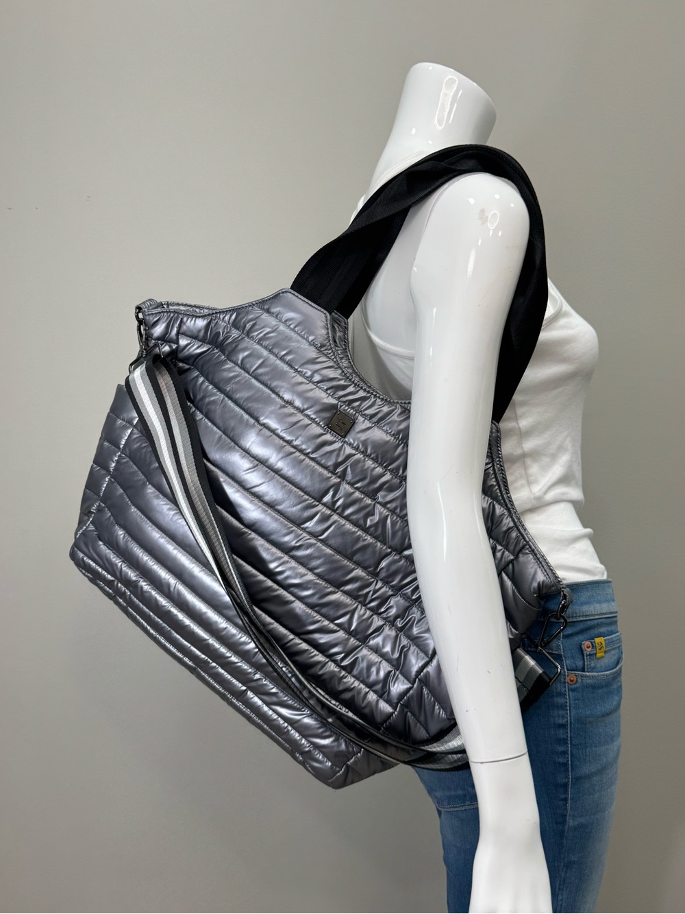 THINK ROYLN Wingman Metallic Silver Puffer Quilted Large Travel Tote Bag